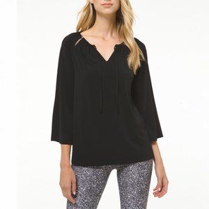 Michael Kors Blouse Womens Black 3/4 Sleeves Tie Neck Cutouts Peasant Top